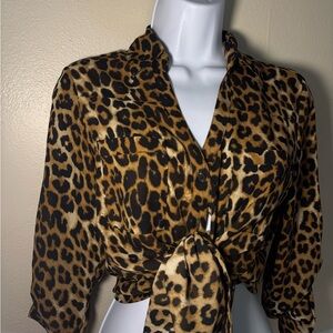 Express Brown and Black Tie-Front Cropped Blouse